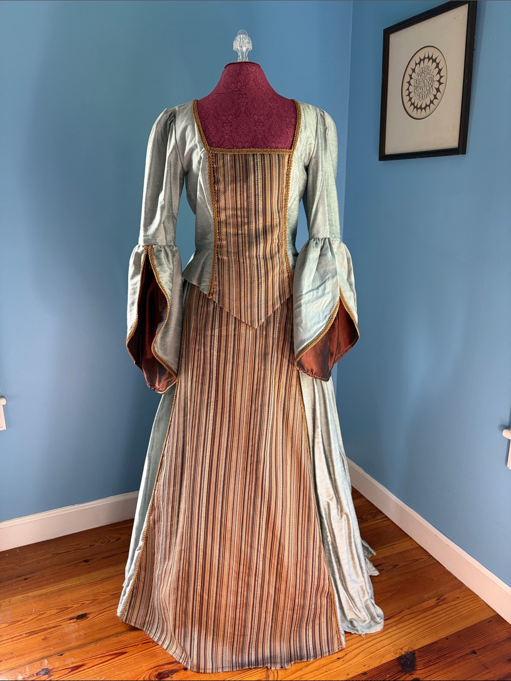 Period colonial costume dress in ice blue and brown